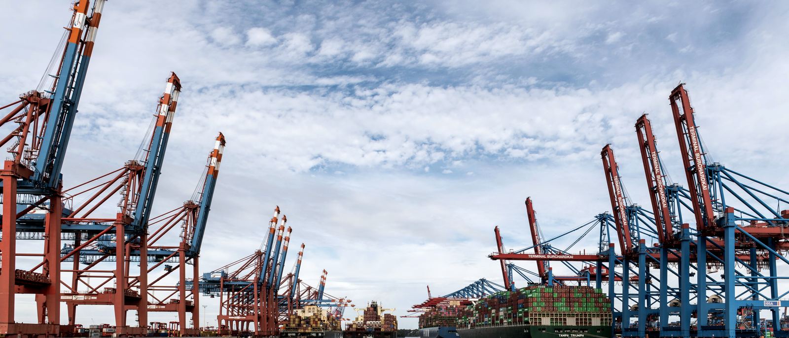 Containers and gantry cranes at a shipping terminal